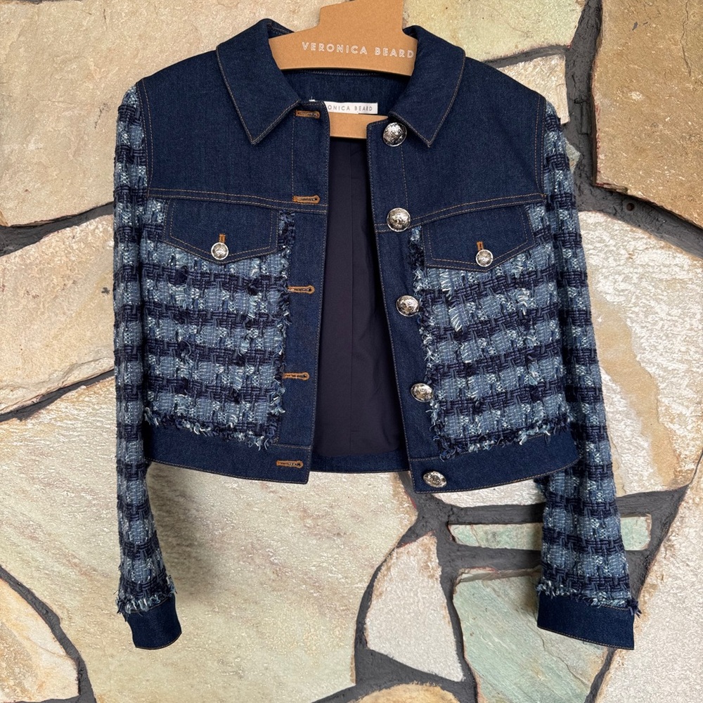 Veronica Beard Navy Checkered Jean Jacket